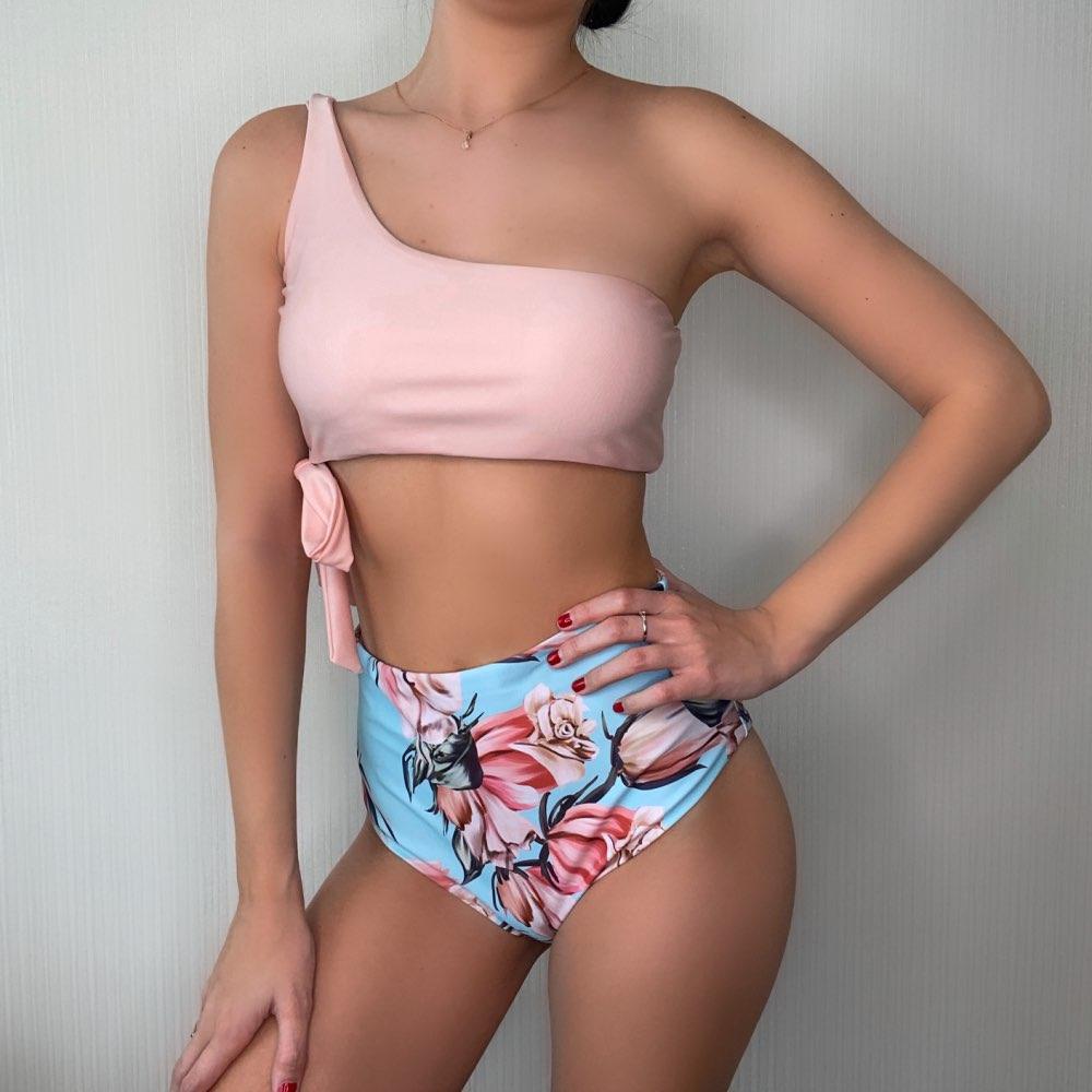 Maillot de bain deux pièces push-up pour femme, imprimé, léger, une épaule, taille haute, confortable
