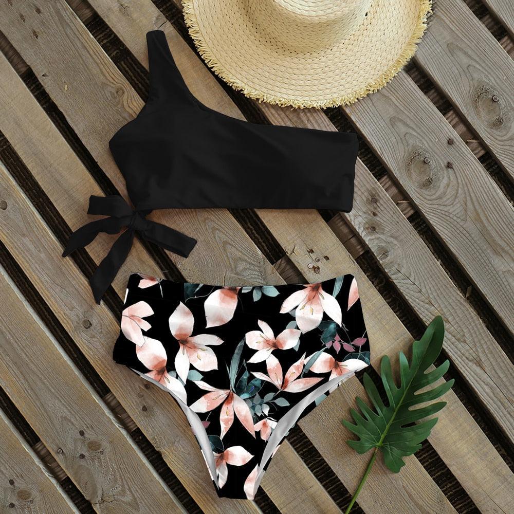 Maillot de bain deux pièces push-up pour femme, imprimé, léger, une épaule, taille haute, confortable