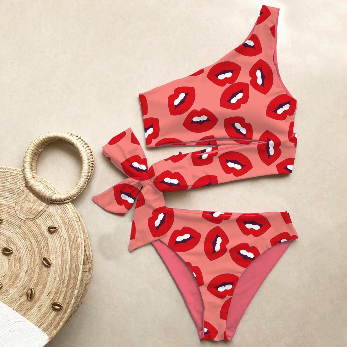 Maillot de bain deux pièces push-up pour femme, imprimé, léger, une épaule, taille haute, confortable