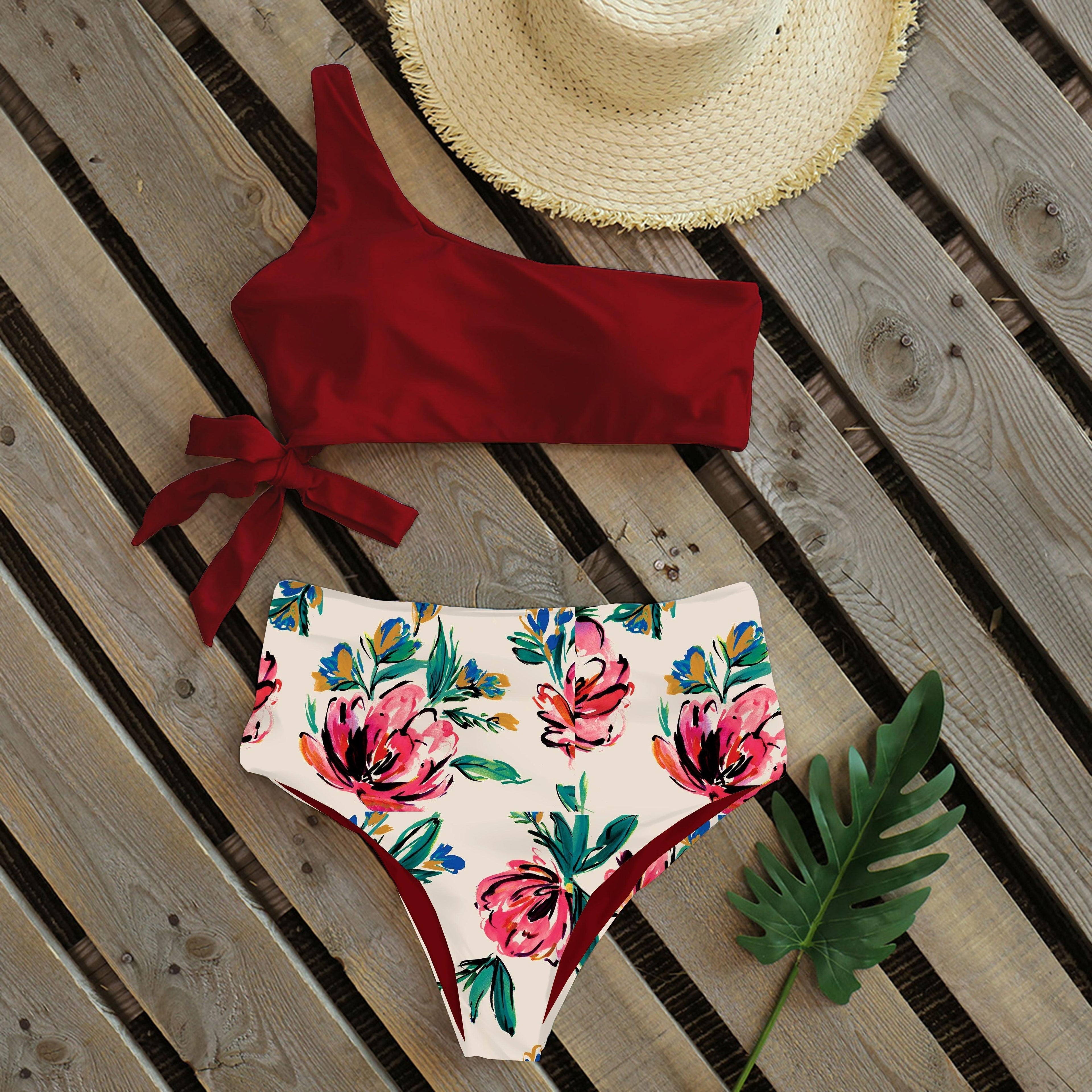 Maillot de bain deux pièces push-up pour femme, imprimé, léger, une épaule, taille haute, confortable