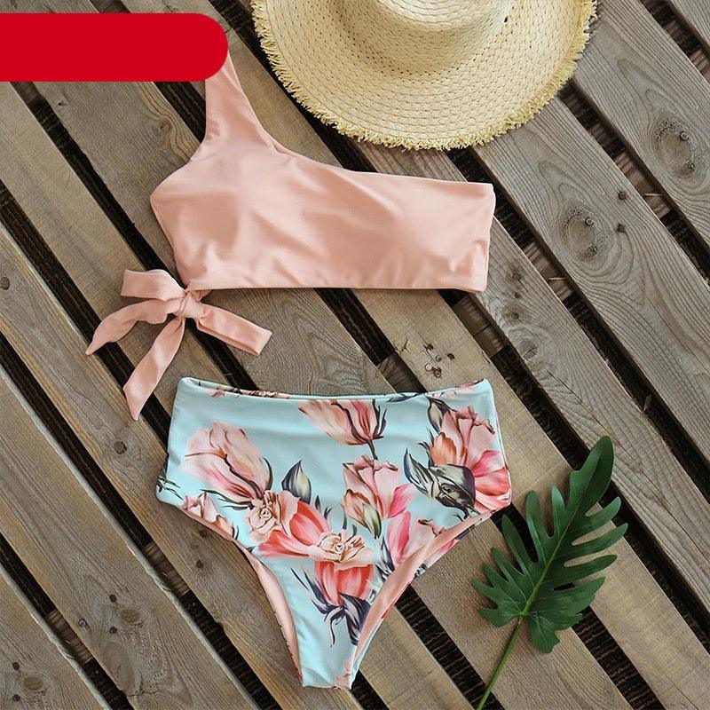Maillot de bain deux pièces push-up pour femme, imprimé, léger, une épaule, taille haute, confortable