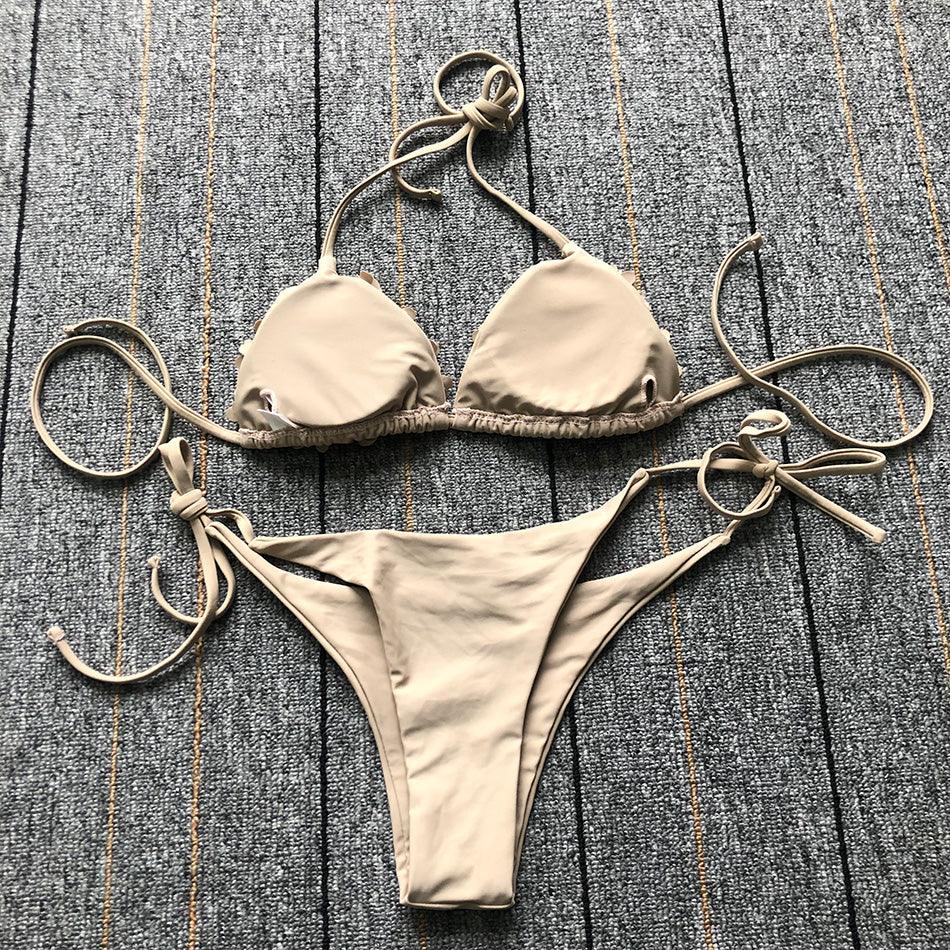 Bikinis Nouveaux Maillots de Bain Fleur 3D Bikini Uni Bandage Maillot de Bain Femme Halter Uni Rembourré Push Up Ensemble Bikini Deux Pièces Maillot de Bain Vêtements de Bain Ensemble Bikini Femme Maillot de Bain Push Up Mignon pour Dames