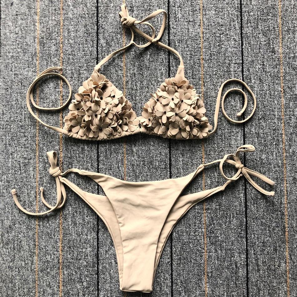 Bikinis Nouveaux Maillots de Bain Fleur 3D Bikini Uni Bandage Maillot de Bain Femme Halter Uni Rembourré Push Up Ensemble Bikini Deux Pièces Maillot de Bain Vêtements de Bain Ensemble Bikini Femme Maillot de Bain Push Up Mignon pour Dames
