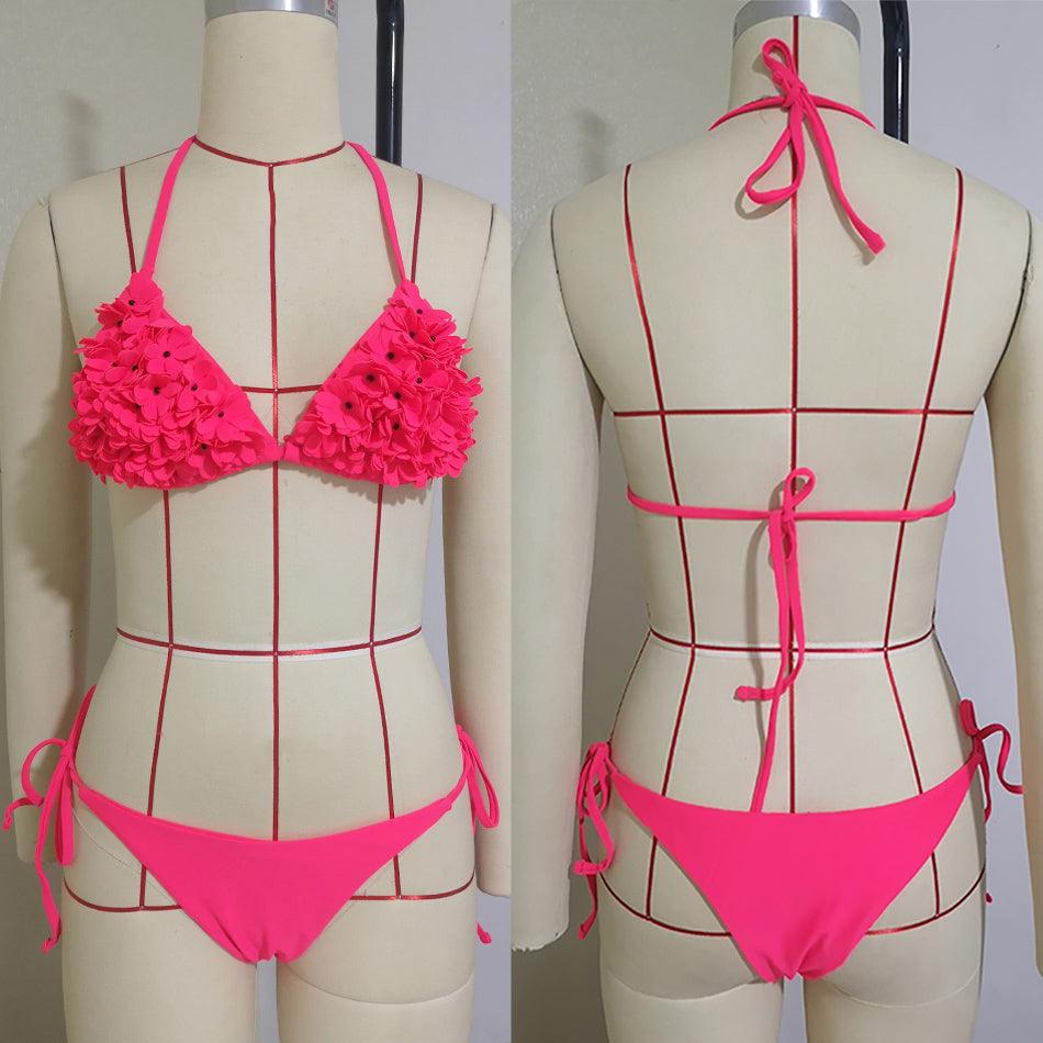 Bikinis Nouveaux Maillots de Bain Fleur 3D Bikini Uni Bandage Maillot de Bain Femme Halter Uni Rembourré Push Up Ensemble Bikini Deux Pièces Maillot de Bain Vêtements de Bain Ensemble Bikini Femme Maillot de Bain Push Up Mignon pour Dames