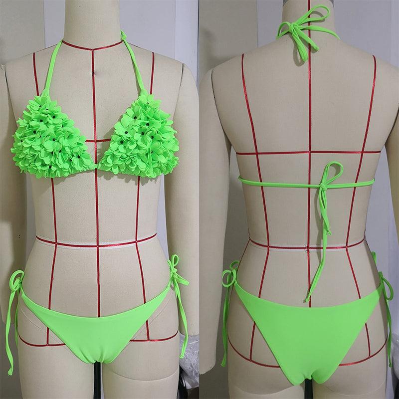 Bikinis Nouveaux Maillots de Bain Fleur 3D Bikini Uni Bandage Maillot de Bain Femme Halter Uni Rembourré Push Up Ensemble Bikini Deux Pièces Maillot de Bain Vêtements de Bain Ensemble Bikini Femme Maillot de Bain Push Up Mignon pour Dames