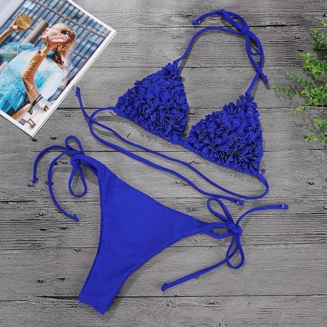 Bikinis Nouveaux Maillots de Bain Fleur 3D Bikini Uni Bandage Maillot de Bain Femme Halter Uni Rembourré Push Up Ensemble Bikini Deux Pièces Maillot de Bain Vêtements de Bain Ensemble Bikini Femme Maillot de Bain Push Up Mignon pour Dames