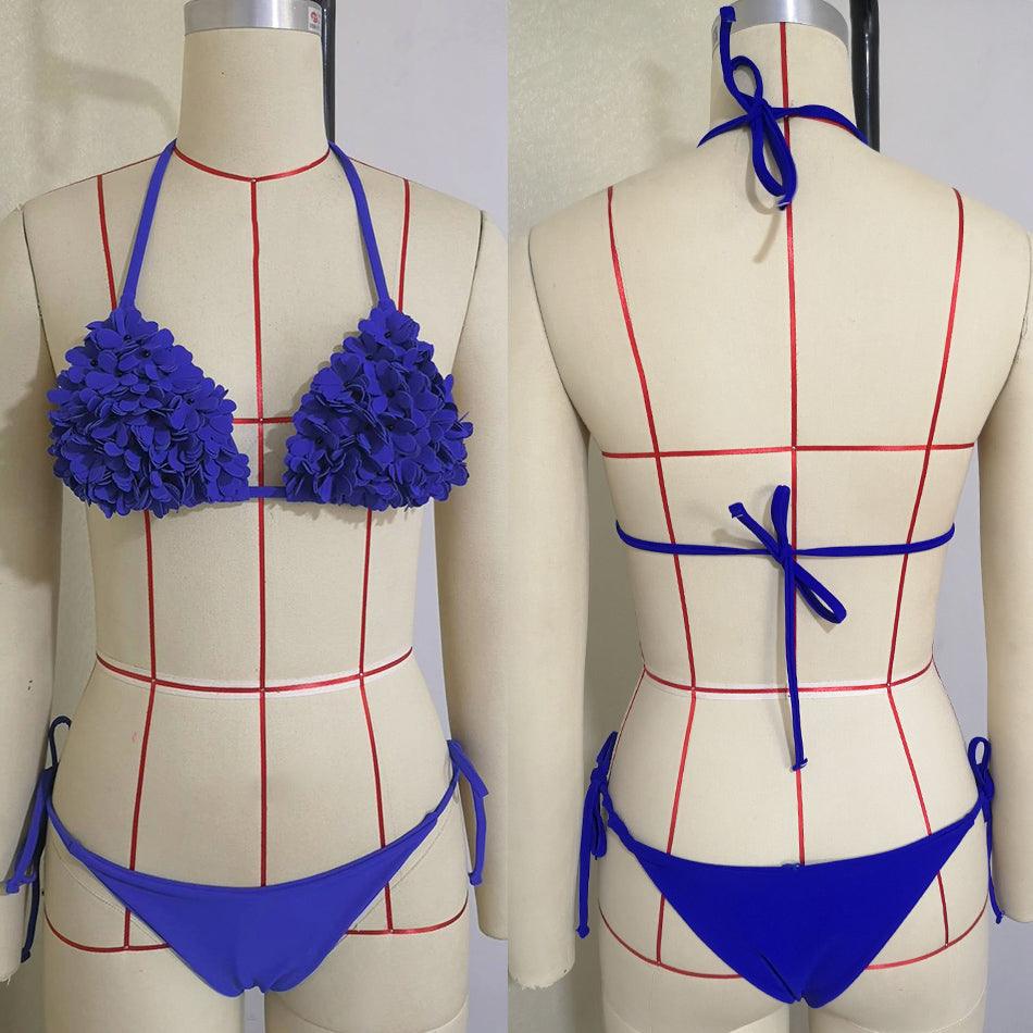 Bikinis Nouveaux Maillots de Bain Fleur 3D Bikini Uni Bandage Maillot de Bain Femme Halter Uni Rembourré Push Up Ensemble Bikini Deux Pièces Maillot de Bain Vêtements de Bain Ensemble Bikini Femme Maillot de Bain Push Up Mignon pour Dames