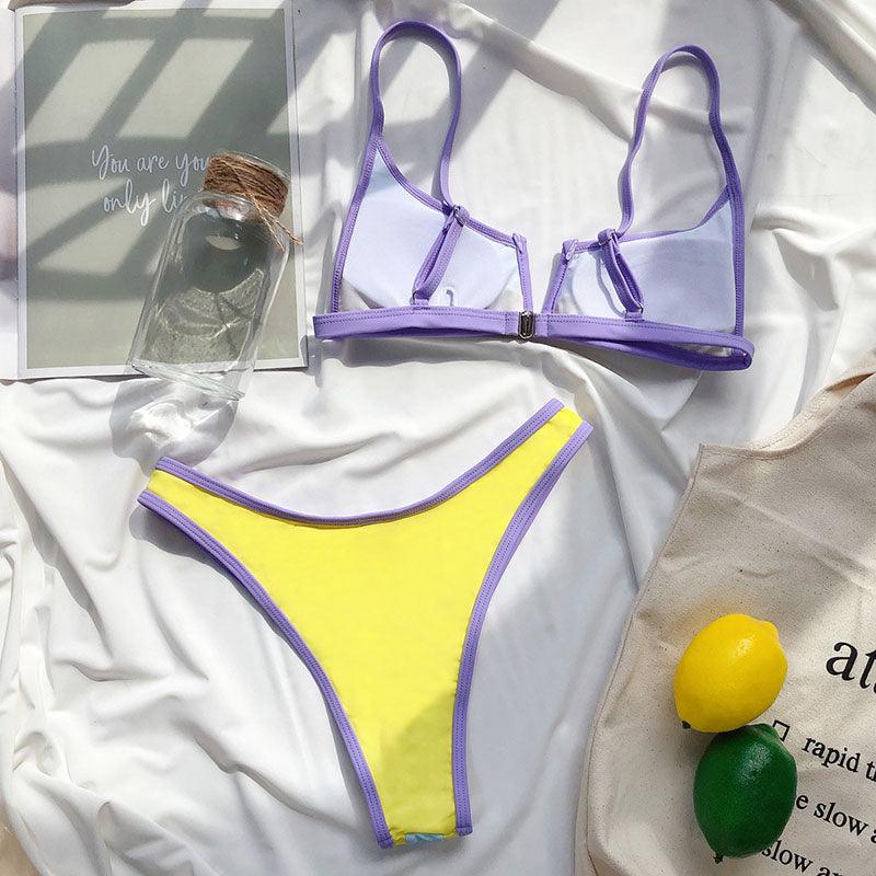 Maillots de bain côtelés Bikinis Maillot de bain femme Push Up Maillot de bain une pièce patchwork uni Bikini taille haute Ensemble bikini push-up rembourré pour femme Maillot de bain deux pièces à licou croisé Maillot de bain patchwork