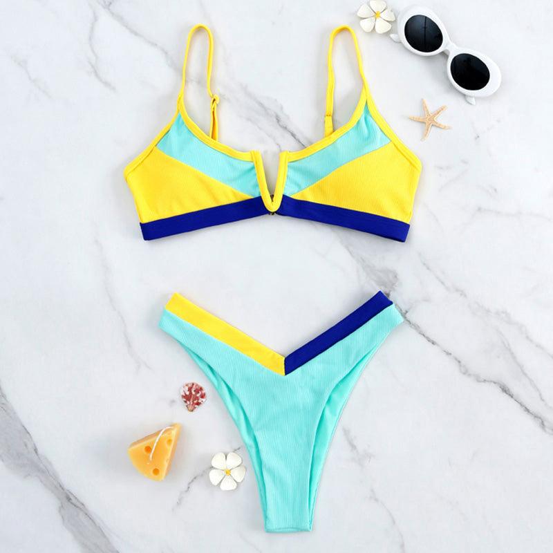 Maillots de bain côtelés Bikinis Maillot de bain femme Push Up Maillot de bain une pièce patchwork uni Bikini taille haute Ensemble bikini push-up rembourré pour femme Maillot de bain deux pièces à licou croisé Maillot de bain patchwork