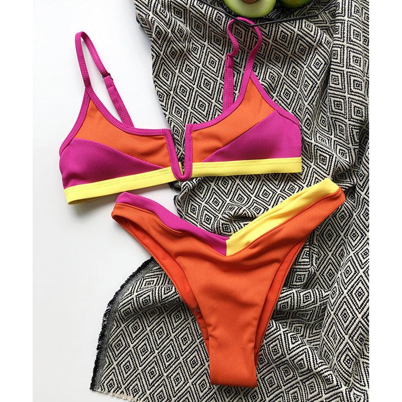 Maillots de bain côtelés Bikinis Maillot de bain femme Push Up Maillot de bain une pièce patchwork uni Bikini taille haute Ensemble bikini push-up rembourré pour femme Maillot de bain deux pièces à licou croisé Maillot de bain patchwork