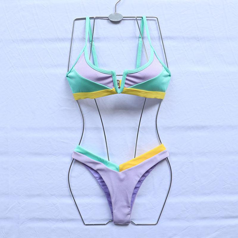 Maillots de bain côtelés Bikinis Maillot de bain femme Push Up Maillot de bain une pièce patchwork uni Bikini taille haute Ensemble bikini push-up rembourré pour femme Maillot de bain deux pièces à licou croisé Maillot de bain patchwork