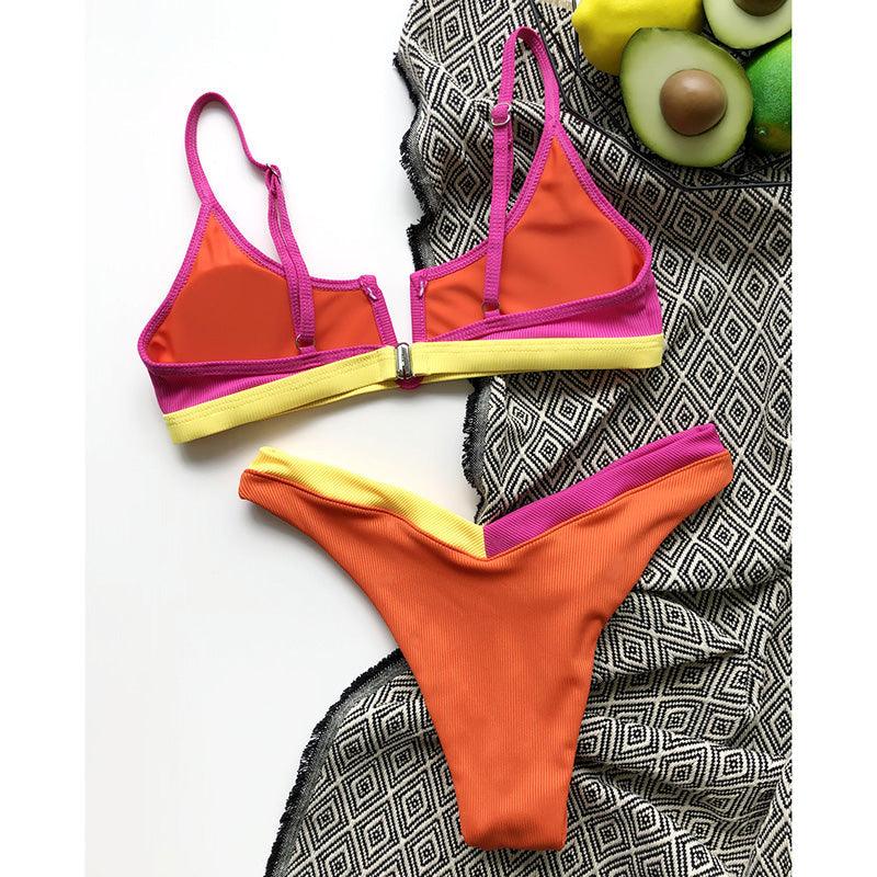 Maillots de bain côtelés Bikinis Maillot de bain femme Push Up Maillot de bain une pièce patchwork uni Bikini taille haute Ensemble bikini push-up rembourré pour femme Maillot de bain deux pièces à licou croisé Maillot de bain patchwork