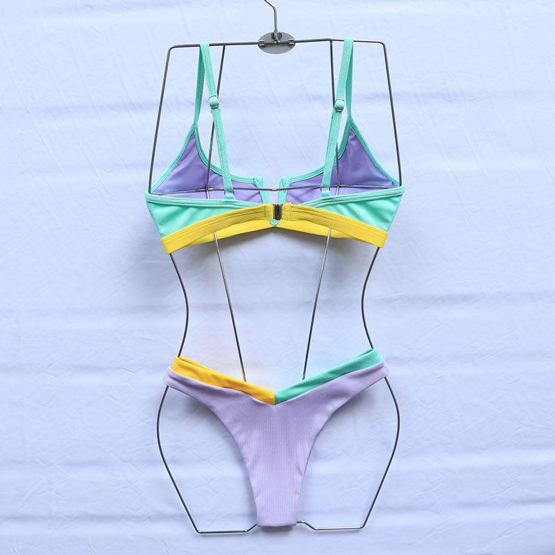 Maillots de bain côtelés Bikinis Maillot de bain femme Push Up Maillot de bain une pièce patchwork uni Bikini taille haute Ensemble bikini push-up rembourré pour femme Maillot de bain deux pièces à licou croisé Maillot de bain patchwork