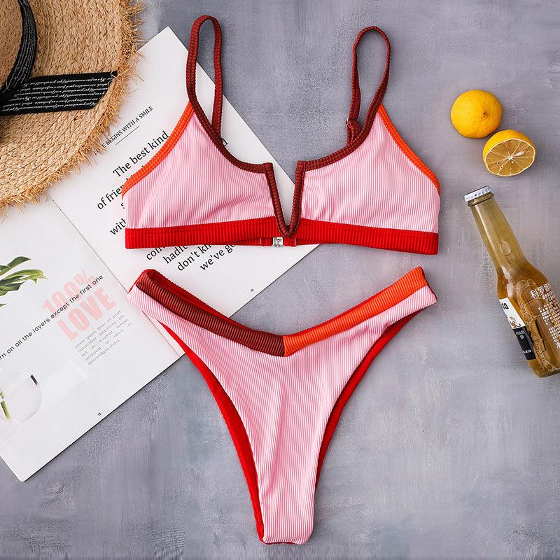 Maillots de bain côtelés Bikinis Maillot de bain femme Push Up Maillot de bain une pièce patchwork uni Bikini taille haute Ensemble bikini push-up rembourré pour femme Maillot de bain deux pièces à licou croisé Maillot de bain patchwork