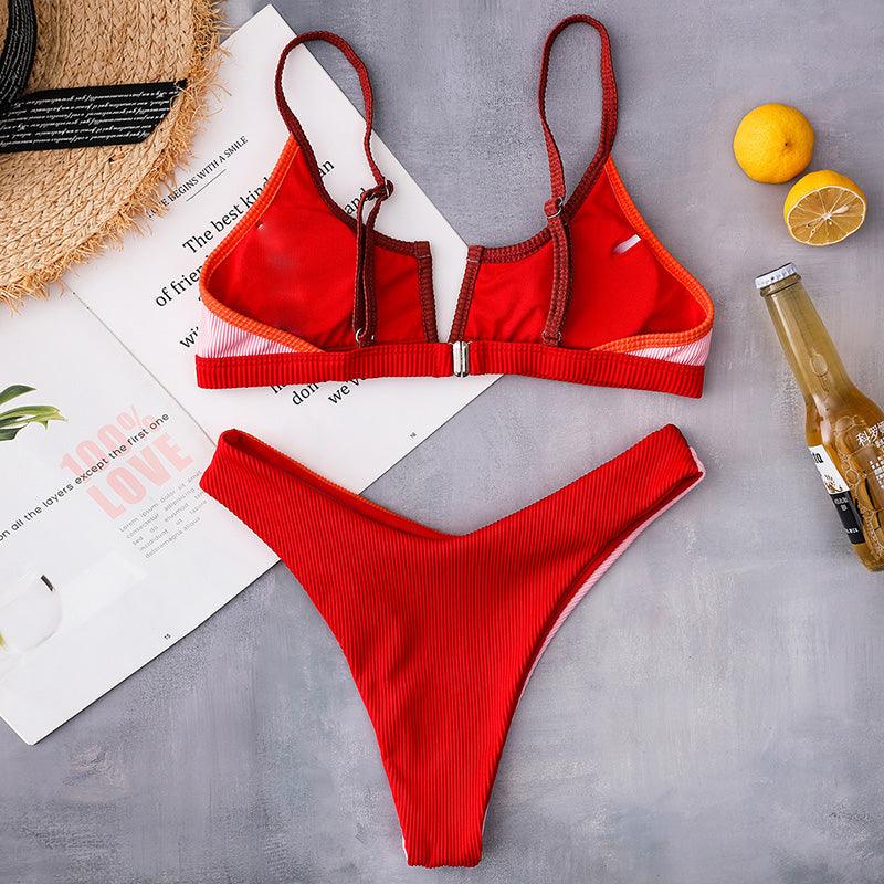Maillots de bain côtelés Bikinis Maillot de bain femme Push Up Maillot de bain une pièce patchwork uni Bikini taille haute Ensemble bikini push-up rembourré pour femme Maillot de bain deux pièces à licou croisé Maillot de bain patchwork