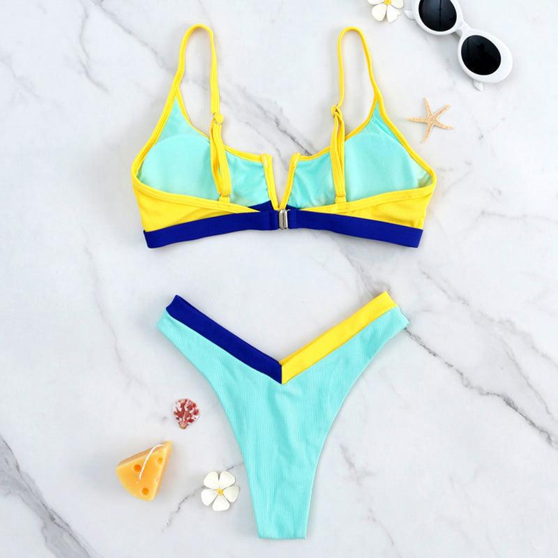Maillots de bain côtelés Bikinis Maillot de bain femme Push Up Maillot de bain une pièce patchwork uni Bikini taille haute Ensemble bikini push-up rembourré pour femme Maillot de bain deux pièces à licou croisé Maillot de bain patchwork