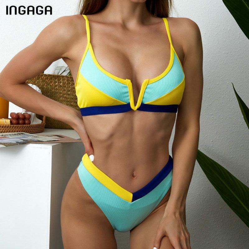 Maillots de bain côtelés Bikinis Maillot de bain femme Push Up Maillot de bain une pièce patchwork uni Bikini taille haute Ensemble bikini push-up rembourré pour femme Maillot de bain deux pièces à licou croisé Maillot de bain patchwork