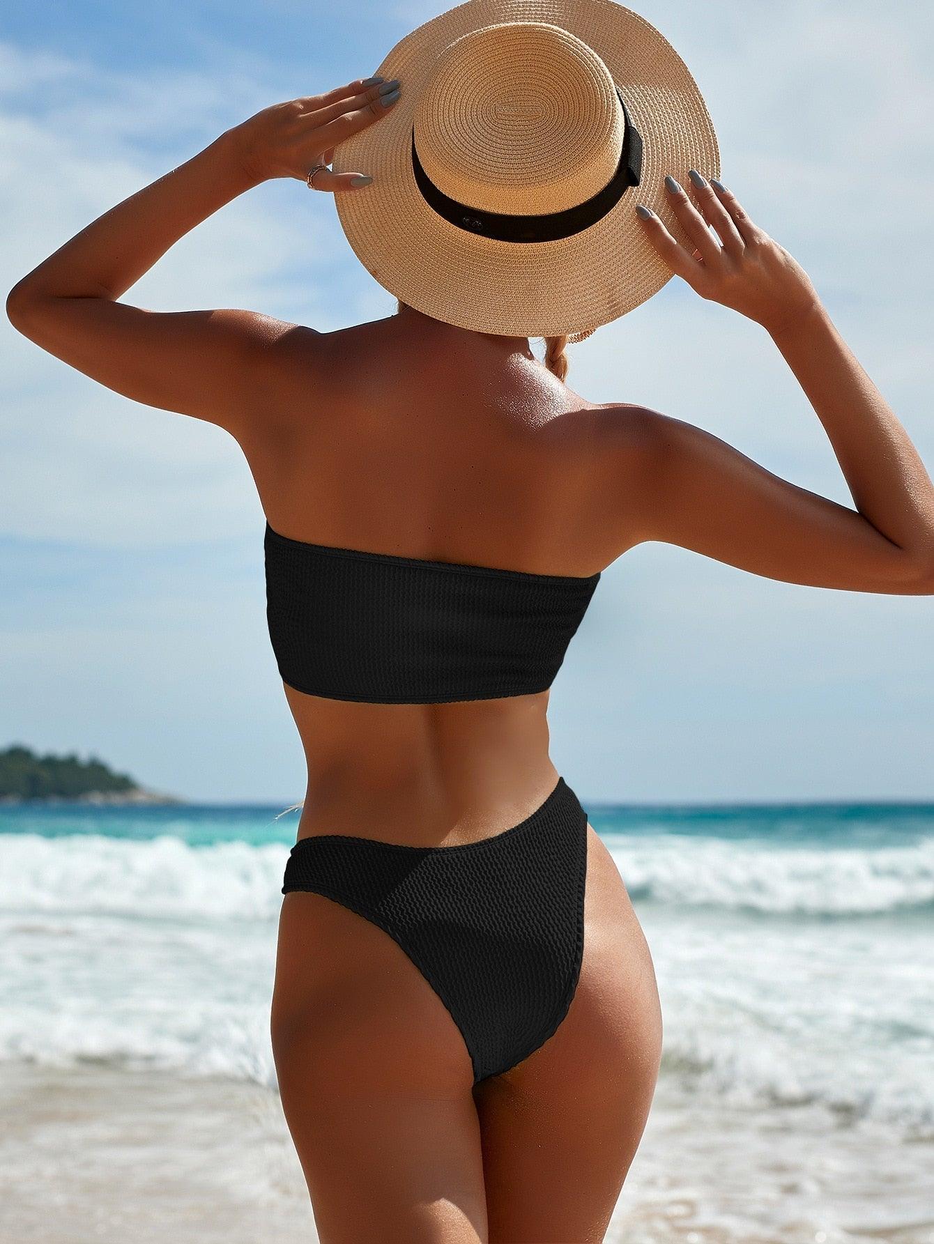Bikini Maillot de bain Femme Push Up Ensemble de bikini Maillot de bain féminin Maillot de bain sans bretelles couleur unie 2 pièces Maillot de bain Maillots de bain Épaules dénudées Taille Haute Maillot de bain Maillot de bain échancré pour l'été