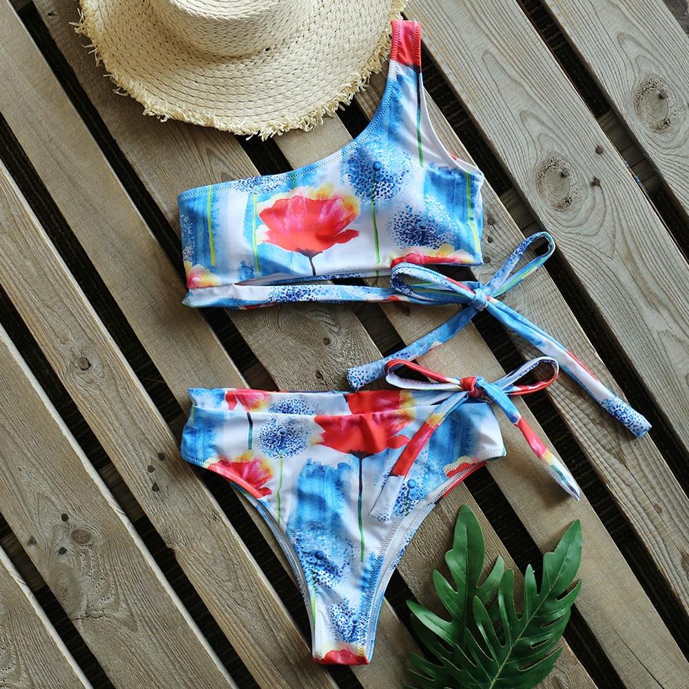 Bikinis Femme Nouveau Maillot de Bain à Une Épaule Taille Haute Maillot de Bain Bandage Maillots de Bain Tenue de Plage Femme Dentelle Deux Pièces Robe de Bain avec Bas de Bikini Maillots de Bain