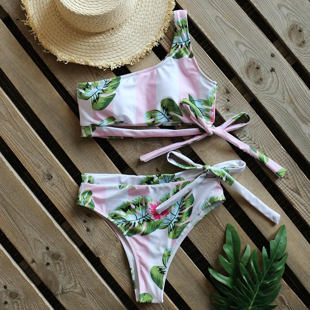 Bikinis Femme Nouveau Maillot de Bain à Une Épaule Taille Haute Maillot de Bain Bandage Maillots de Bain Tenue de Plage Femme Dentelle Deux Pièces Robe de Bain avec Bas de Bikini Maillots de Bain
