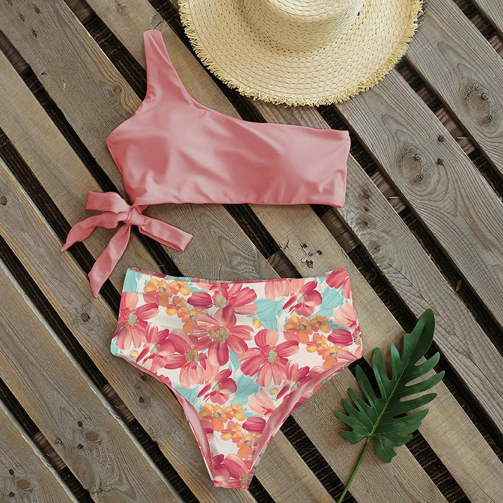 Bikinis Femme Nouveau Maillot de Bain à Une Épaule Taille Haute Maillot de Bain Bandage Maillots de Bain Tenue de Plage Femme Dentelle Deux Pièces Robe de Bain avec Bas de Bikini Maillots de Bain