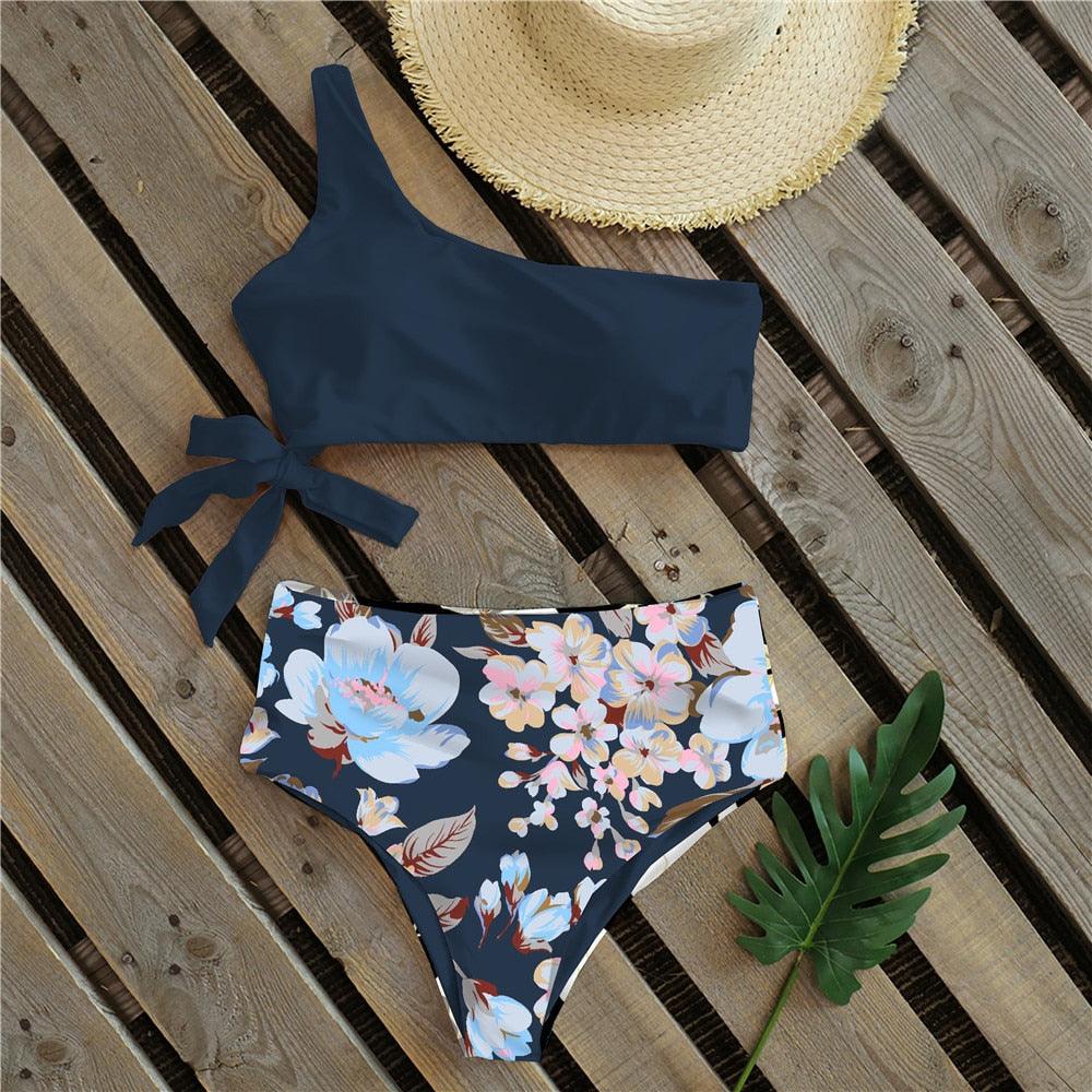 Bikinis Femme Nouveau Maillot de Bain à Une Épaule Taille Haute Maillot de Bain Bandage Maillots de Bain Tenue de Plage Femme Dentelle Deux Pièces Robe de Bain avec Bas de Bikini Maillots de Bain