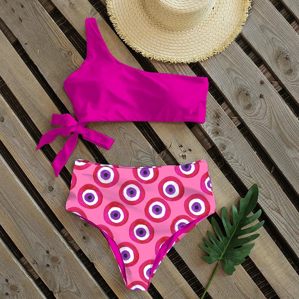 Bikinis Femme Nouveau Maillot de Bain à Une Épaule Taille Haute Maillot de Bain Bandage Maillots de Bain Tenue de Plage Femme Dentelle Deux Pièces Robe de Bain avec Bas de Bikini Maillots de Bain