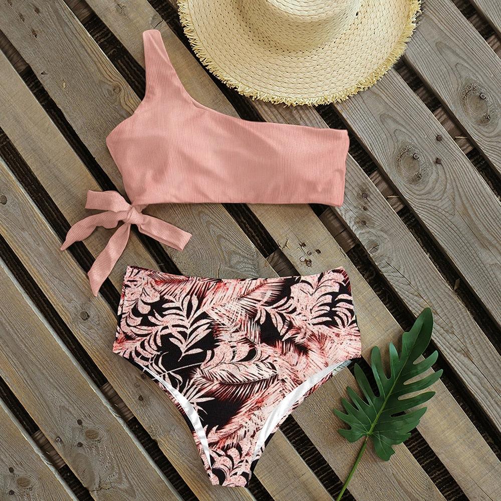 Bikinis Femme Nouveau Maillot de Bain à Une Épaule Taille Haute Maillot de Bain Bandage Maillots de Bain Tenue de Plage Femme Dentelle Deux Pièces Robe de Bain avec Bas de Bikini Maillots de Bain