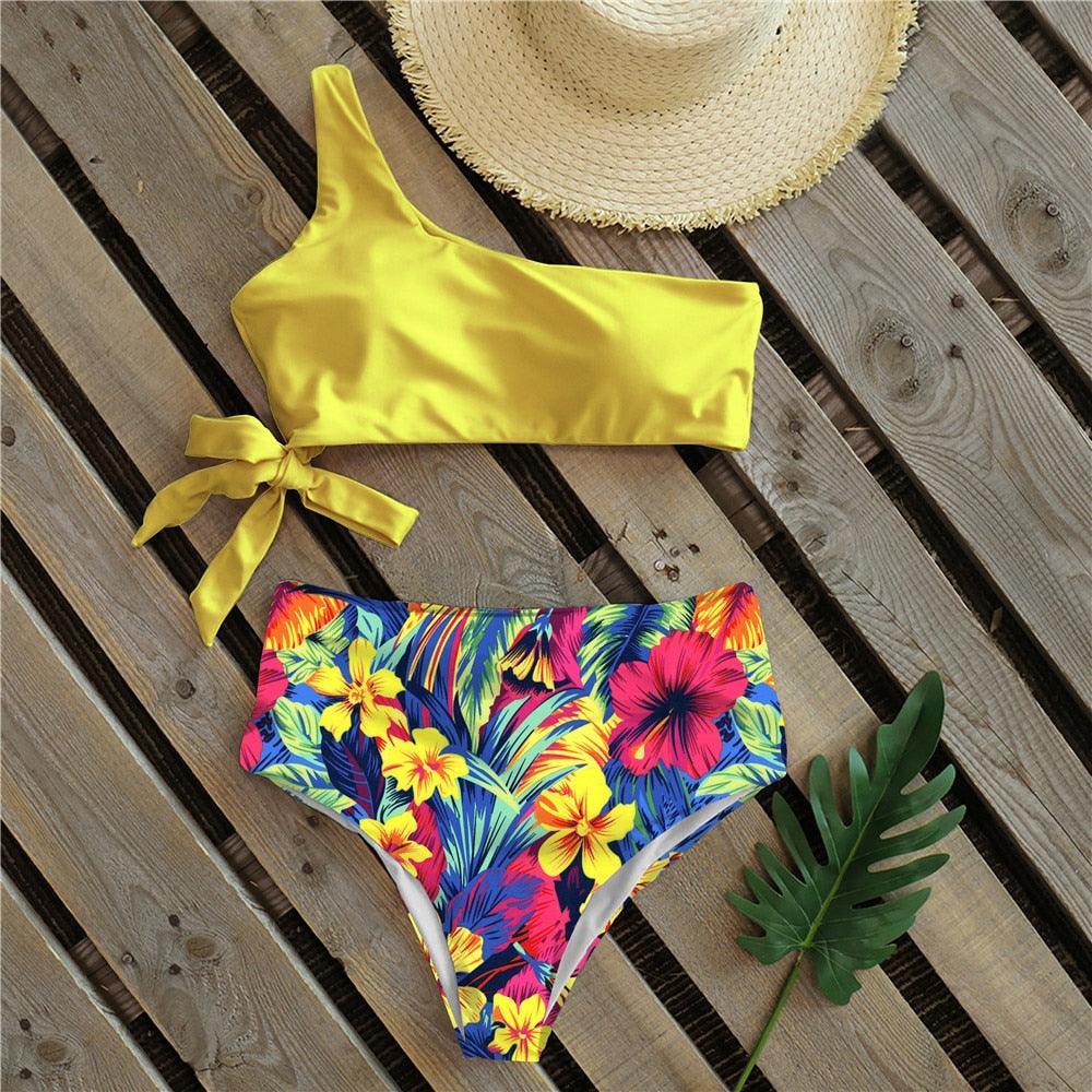 Bikinis Femme Nouveau Maillot de Bain à Une Épaule Taille Haute Maillot de Bain Bandage Maillots de Bain Tenue de Plage Femme Dentelle Deux Pièces Robe de Bain avec Bas de Bikini Maillots de Bain