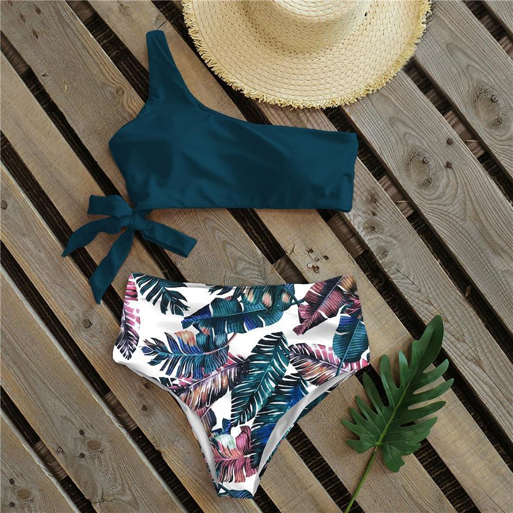 Bikinis Femme Nouveau Maillot de Bain à Une Épaule Taille Haute Maillot de Bain Bandage Maillots de Bain Tenue de Plage Femme Dentelle Deux Pièces Robe de Bain avec Bas de Bikini Maillots de Bain