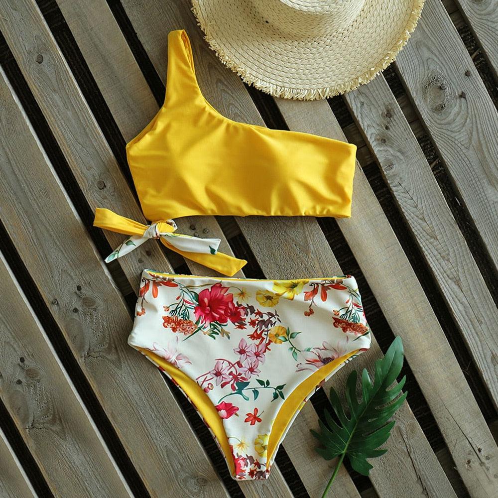 Bikinis Femme Nouveau Maillot de Bain à Une Épaule Taille Haute Maillot de Bain Bandage Maillots de Bain Tenue de Plage Femme Dentelle Deux Pièces Robe de Bain avec Bas de Bikini Maillots de Bain