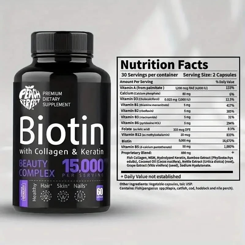 Gélules de biotine Multivitamines Collagène Kératine Supplément Vitamines Cheveux Peau et Ongles