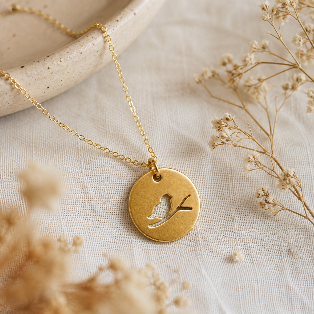 Collier oiseau sur branche – Collier moineau découpé en or rempli 14 carats