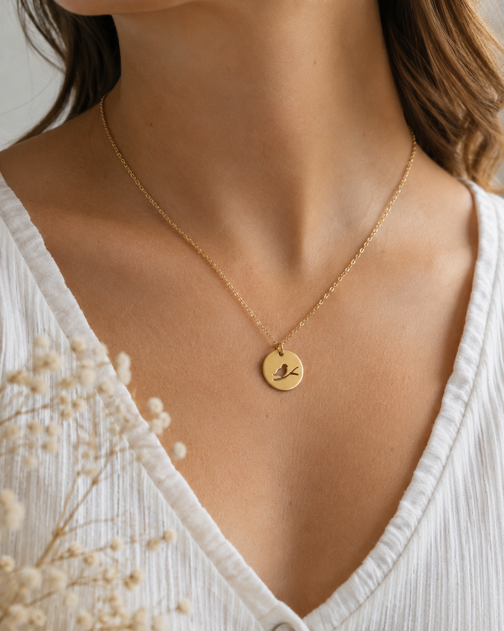 Collier oiseau sur branche – Collier moineau découpé en or rempli 14 carats