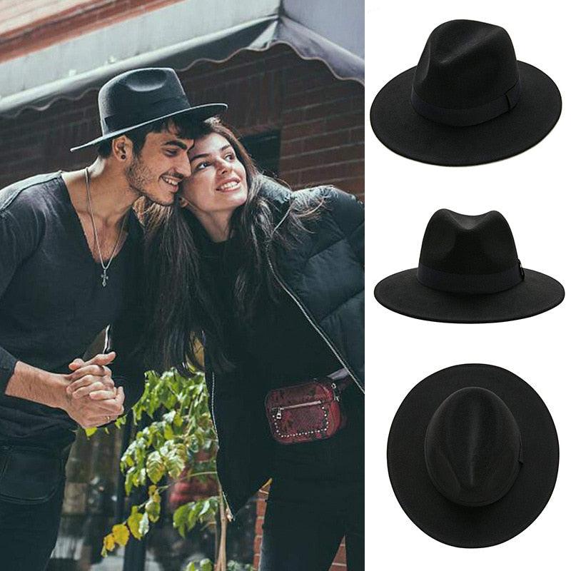Chapeau fedora noir unisexe à large bord Chapeau fedora automne hiver Casquette large Chapeau d'hiver en laine Chapeau classique Homme Élégant Chapeau de gentleman pour fête
