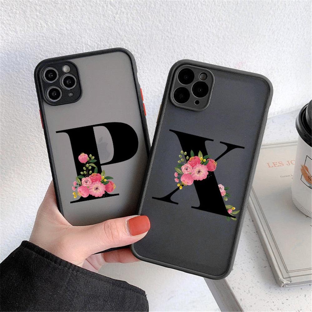 Coque de téléphone à lettre initiale noire pour iPhone, protection d'appareil photo, coque de téléphone transparente avec lettres artistiques pour iPhone 13 12, coque souple en silicone