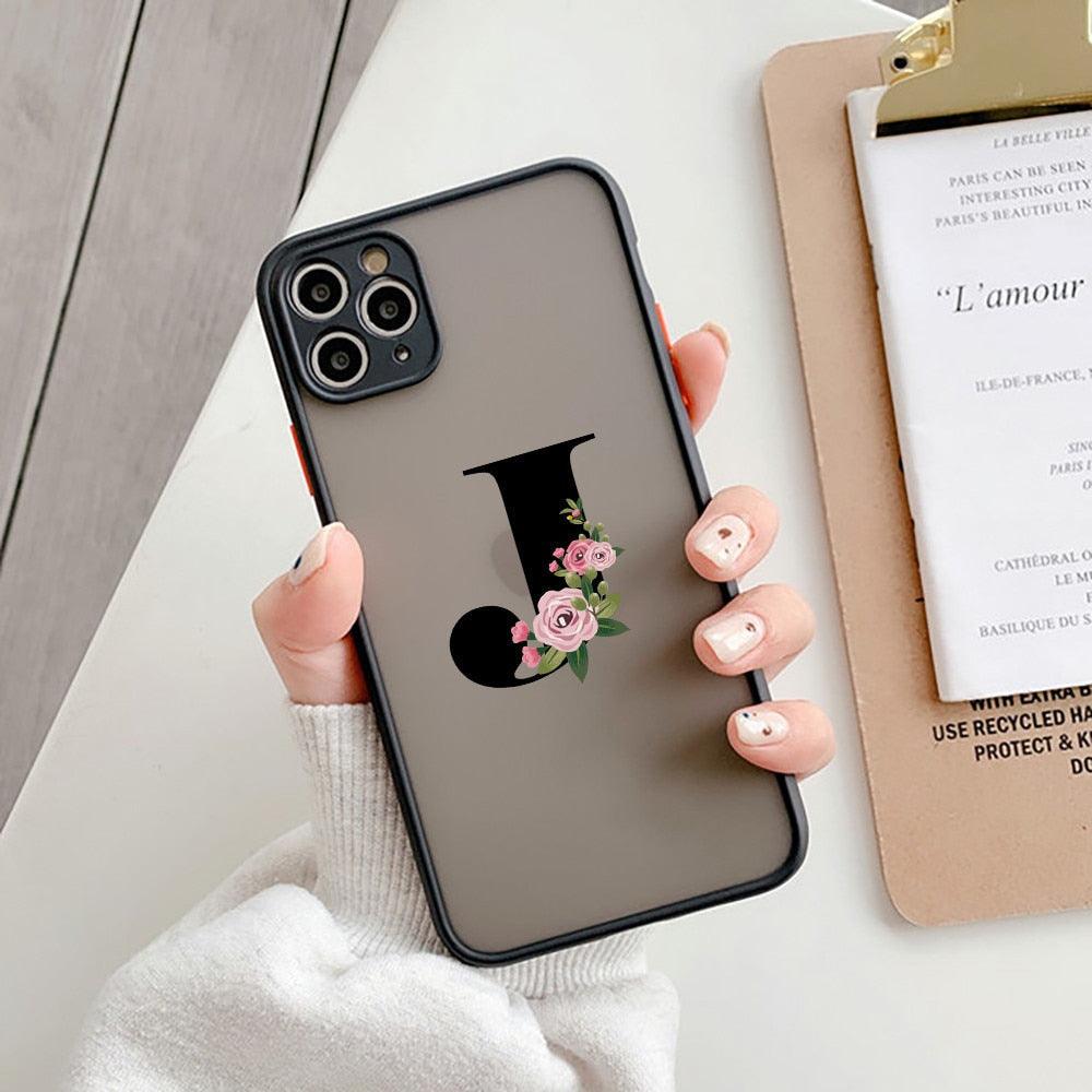 Coque de téléphone à lettre initiale noire pour iPhone, protection d'appareil photo, coque de téléphone transparente avec lettres artistiques pour iPhone 13 12, coque souple en silicone