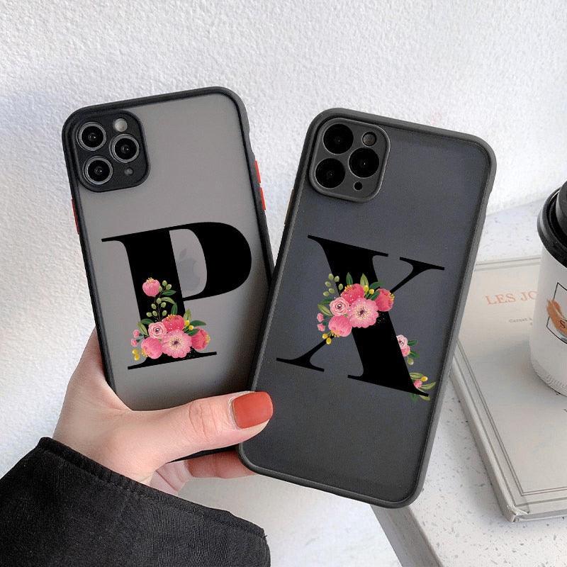 Coque de téléphone à lettre initiale noire pour iPhone, protection d'appareil photo, coque de téléphone transparente avec lettres artistiques pour iPhone 13 12, coque souple en silicone