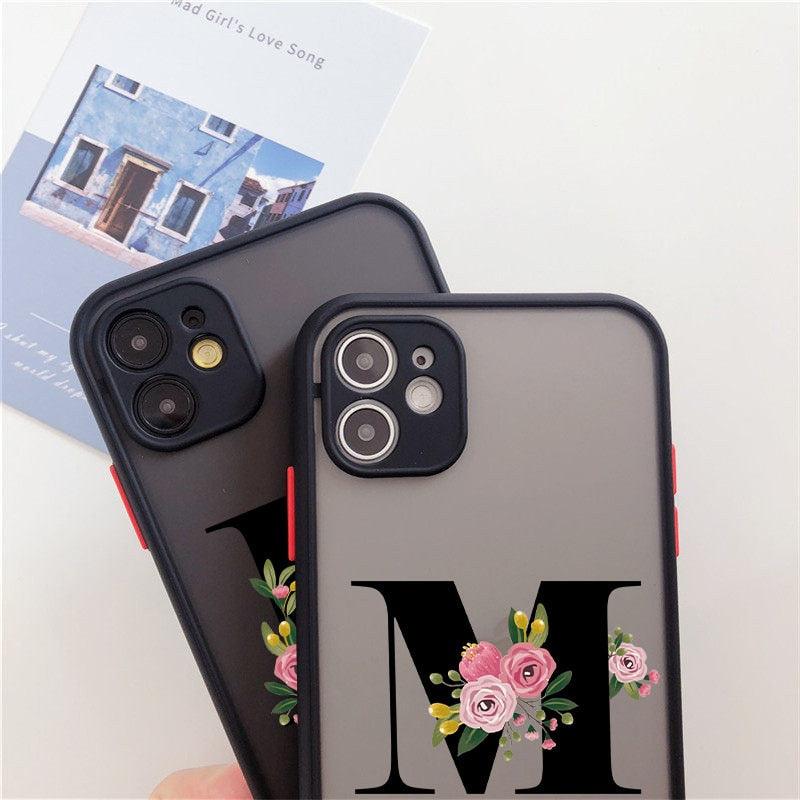 Coque de téléphone à lettre initiale noire pour iPhone, protection d'appareil photo, coque de téléphone transparente avec lettres artistiques pour iPhone 13 12, coque souple en silicone