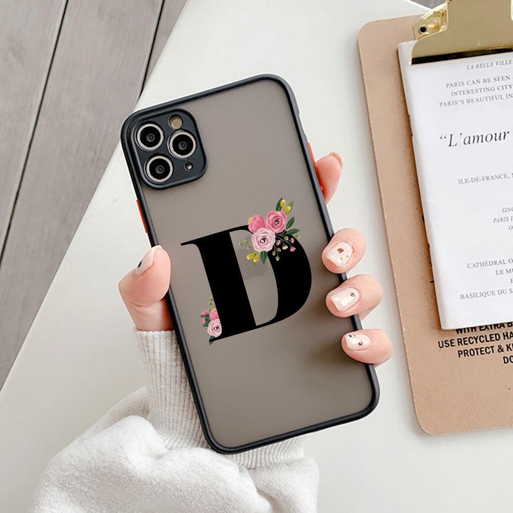Coque de téléphone à lettre initiale noire pour iPhone, protection d'appareil photo, coque de téléphone transparente avec lettres artistiques pour iPhone 13 12, coque souple en silicone