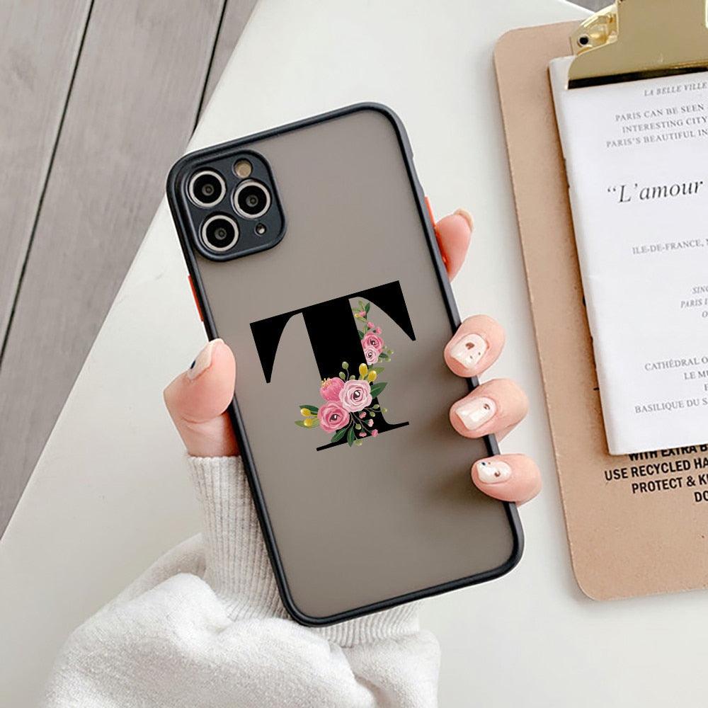 Coque de téléphone à lettre initiale noire pour iPhone, protection d'appareil photo, coque de téléphone transparente avec lettres artistiques pour iPhone 13 12, coque souple en silicone