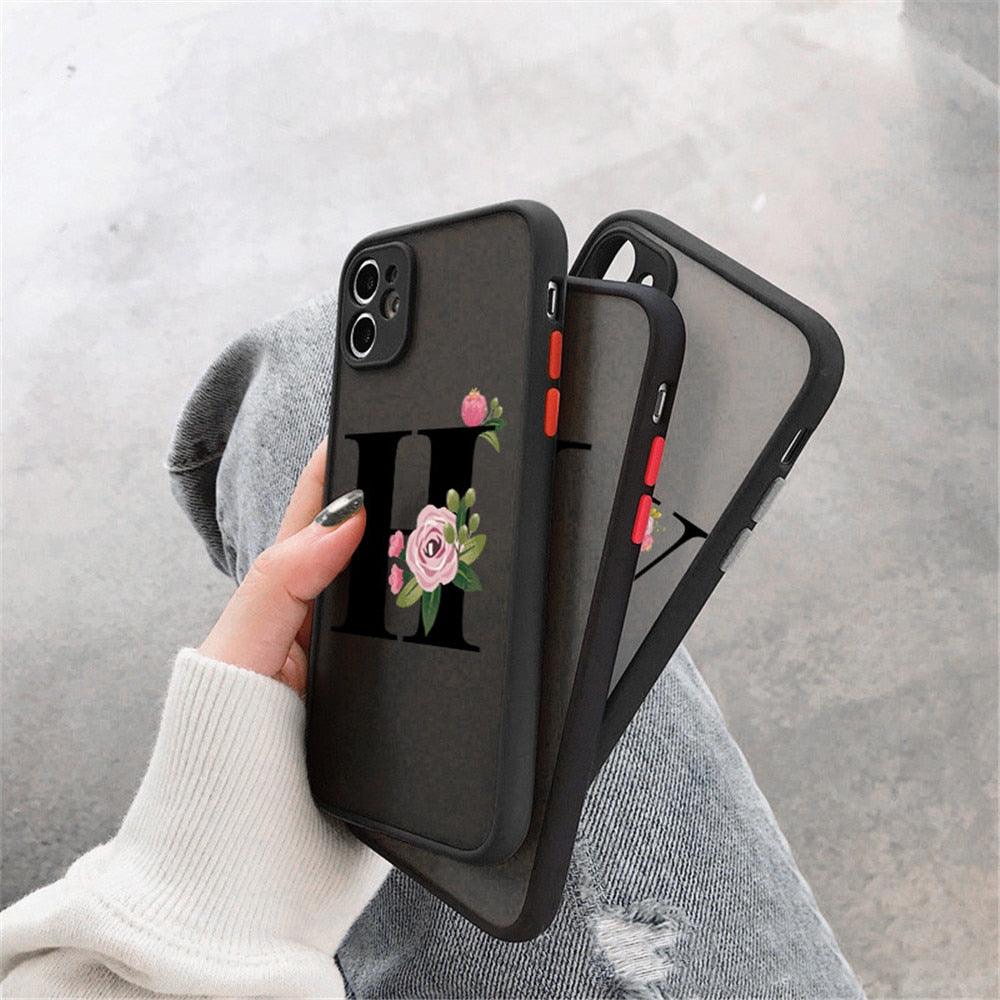 Coque de téléphone à lettre initiale noire pour iPhone, protection d'appareil photo, coque de téléphone transparente avec lettres artistiques pour iPhone 13 12, coque souple en silicone