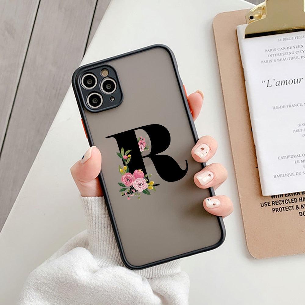 Coque de téléphone à lettre initiale noire pour iPhone, protection d'appareil photo, coque de téléphone transparente avec lettres artistiques pour iPhone 13 12, coque souple en silicone