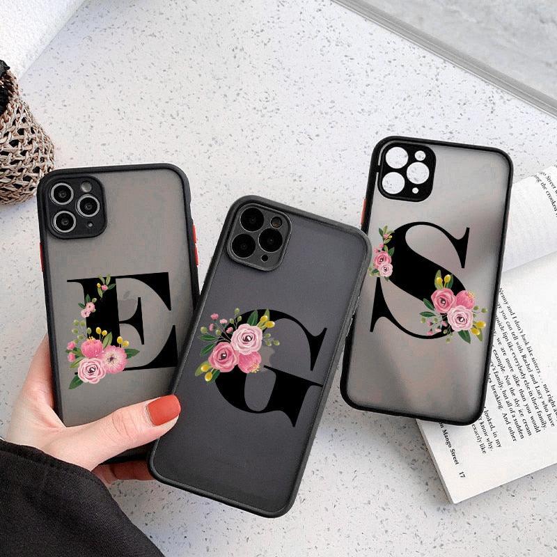 Coque de téléphone à lettre initiale noire pour iPhone, protection d'appareil photo, coque de téléphone transparente avec lettres artistiques pour iPhone 13 12, coque souple en silicone