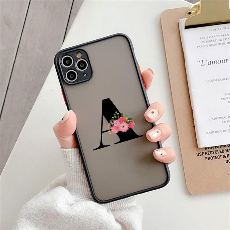 Coque de téléphone à lettre initiale noire pour iPhone, protection d'appareil photo, coque de téléphone transparente avec lettres artistiques pour iPhone 13 12, coque souple en silicone