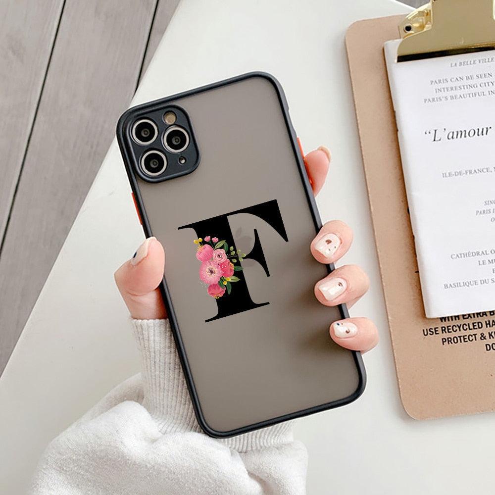 Coque de téléphone à lettre initiale noire pour iPhone, protection d'appareil photo, coque de téléphone transparente avec lettres artistiques pour iPhone 13 12, coque souple en silicone