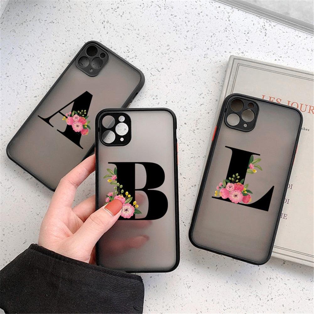 Coque de téléphone à lettre initiale noire pour iPhone, protection d'appareil photo, coque de téléphone transparente avec lettres artistiques pour iPhone 13 12, coque souple en silicone