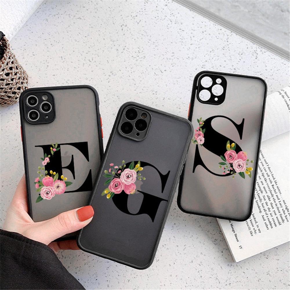 Coque de téléphone à lettre initiale noire pour iPhone, protection d'appareil photo, coque de téléphone transparente avec lettres artistiques pour iPhone 13 12, coque souple en silicone