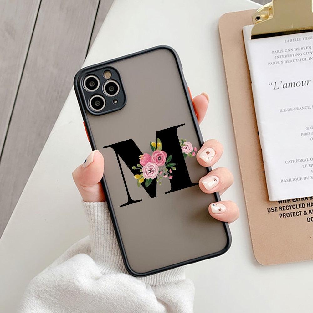 Coque de téléphone à lettre initiale noire pour iPhone, protection d'appareil photo, coque de téléphone transparente avec lettres artistiques pour iPhone 13 12, coque souple en silicone