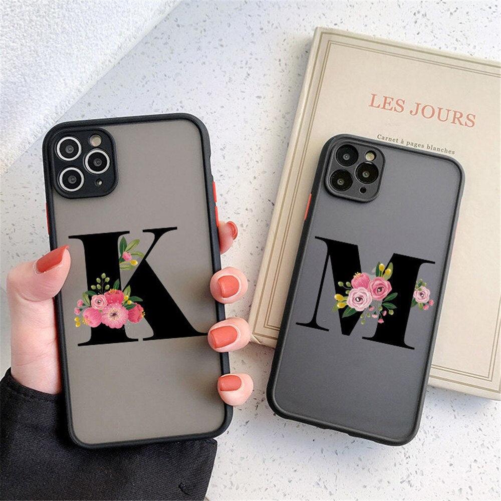 Coque de téléphone à lettre initiale noire pour iPhone, protection d'appareil photo, coque de téléphone transparente avec lettres artistiques pour iPhone 13 12, coque souple en silicone